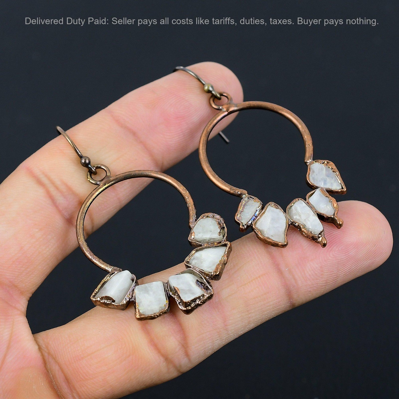Copper Pentagon Natural Rainbow Moonstone Rough Drop Electroformed Wife Earrings