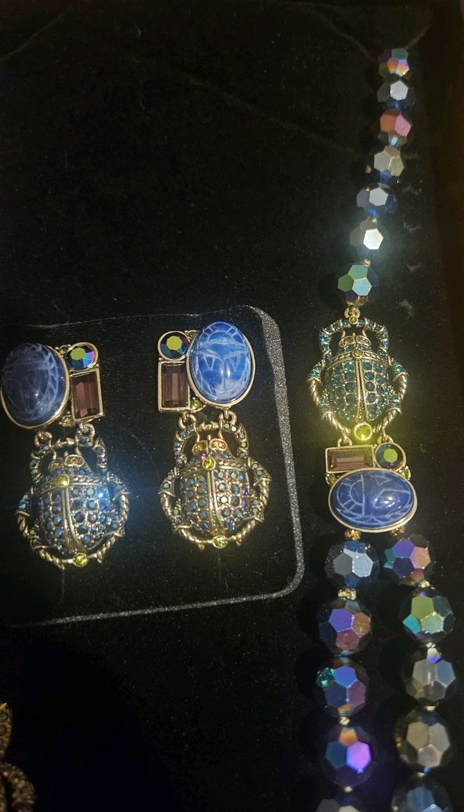 Heidi Daus Scarab Beetle Necklace Earrings Crystal Egyptian Revival Very Rare