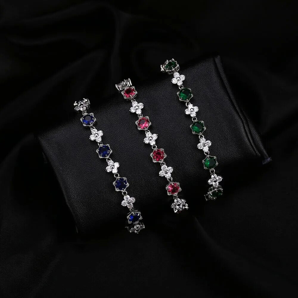 Silver Plated Cubic Zircon Green Flower Star Charm Bracelet Women Party Jewelry