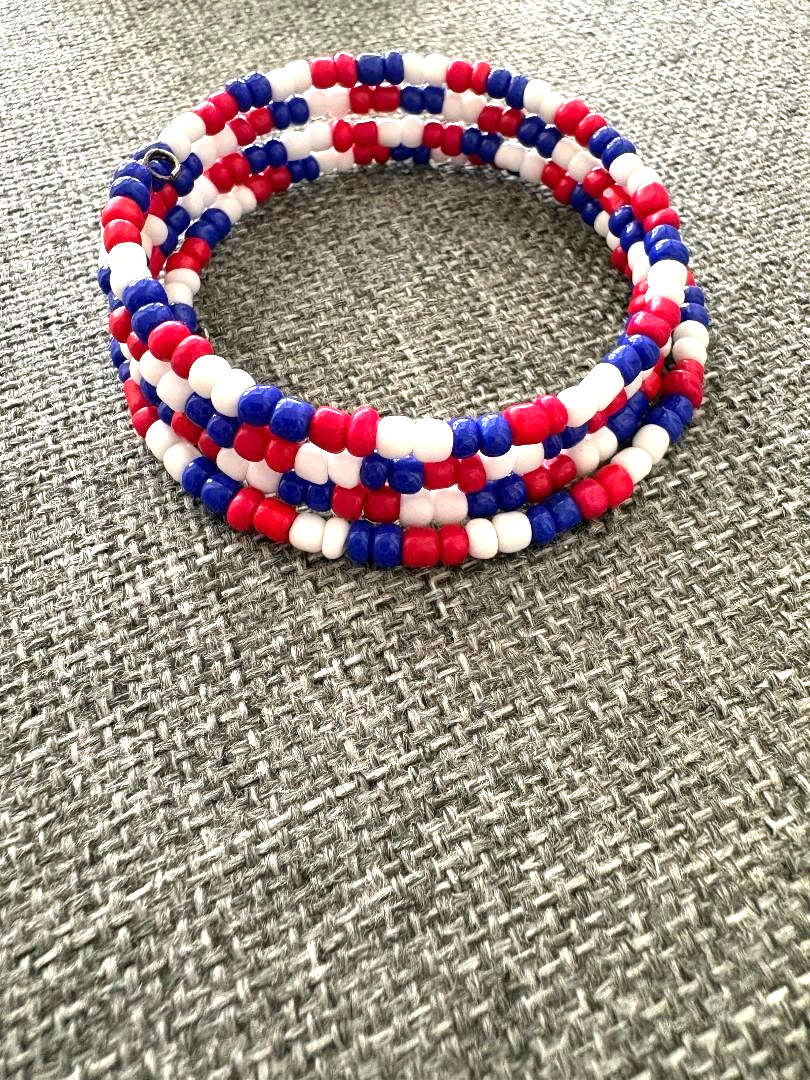 Patriotic Handcrafted Glass Beaded Wrap Bracelet – Red White & Blue