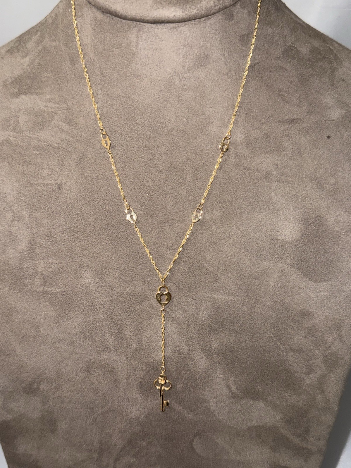 A & A Gold Tone Lock & Key Dangle Charm Lariat Y-Drop Necklace Signed 14k 3.0g