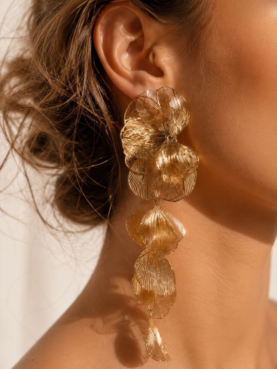 Gold Floral Statement Drop Earrings Large Orchid Flower Dangle Wedding 11cm
