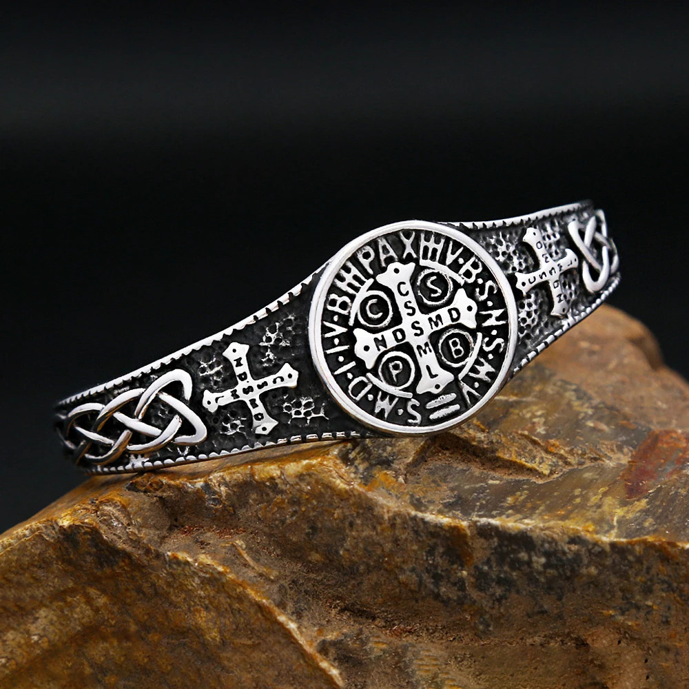 Stainless Steel Cross Open Cuff Bracelet for Men Women Biker Bangle