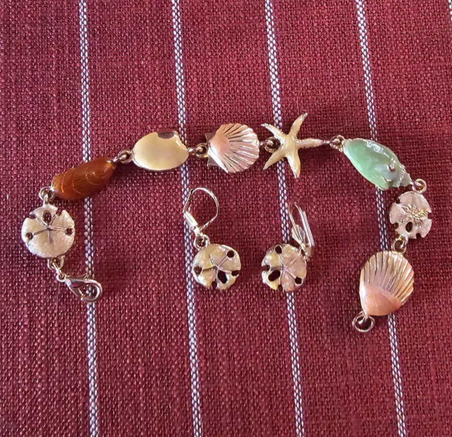 JJI enamel beach theme jewelry lot- bracelet, earrings and brooch/pin
