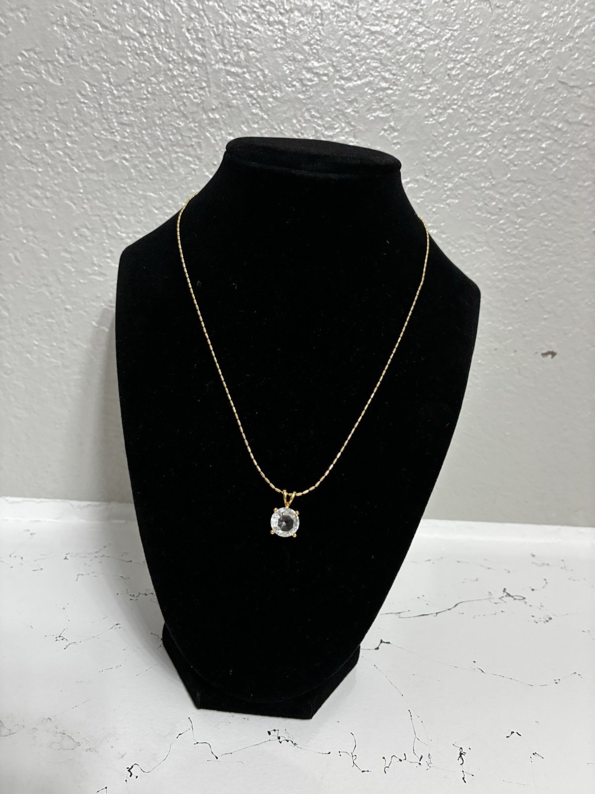 Gold Tone Cable Chain Necklace Round Clear CZ Prong Pendant 16”-18”