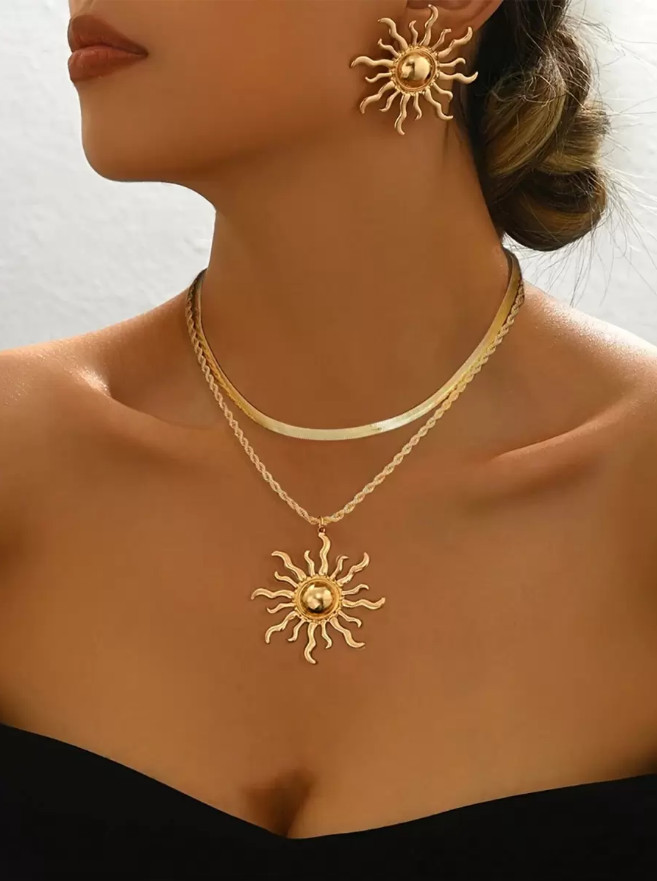 3 Pcs Set Accessory Double Layer Sun Flame Necklace Jewelry Snake Bone Pendant