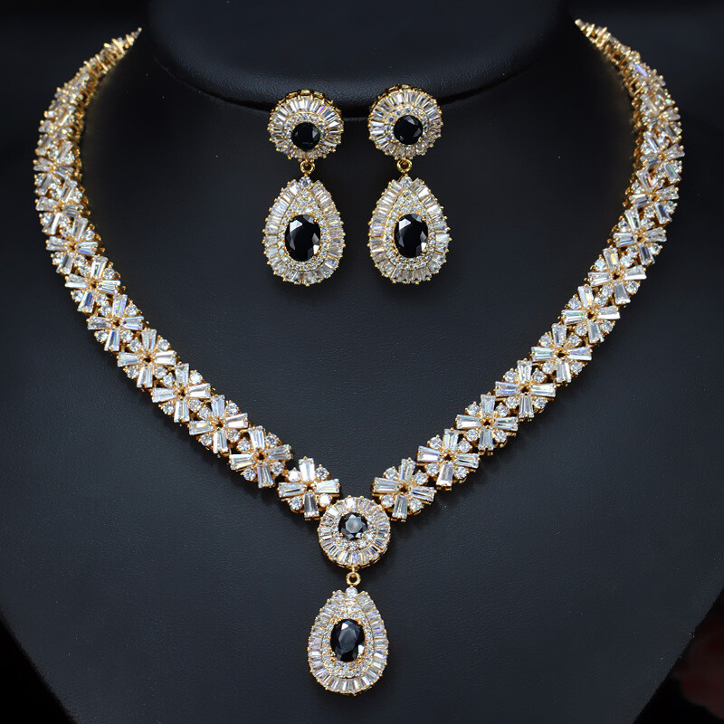 Luxury Bridal Green CZ Crystal Wedding Gold Plated Necklace Earrings Jewelry Set