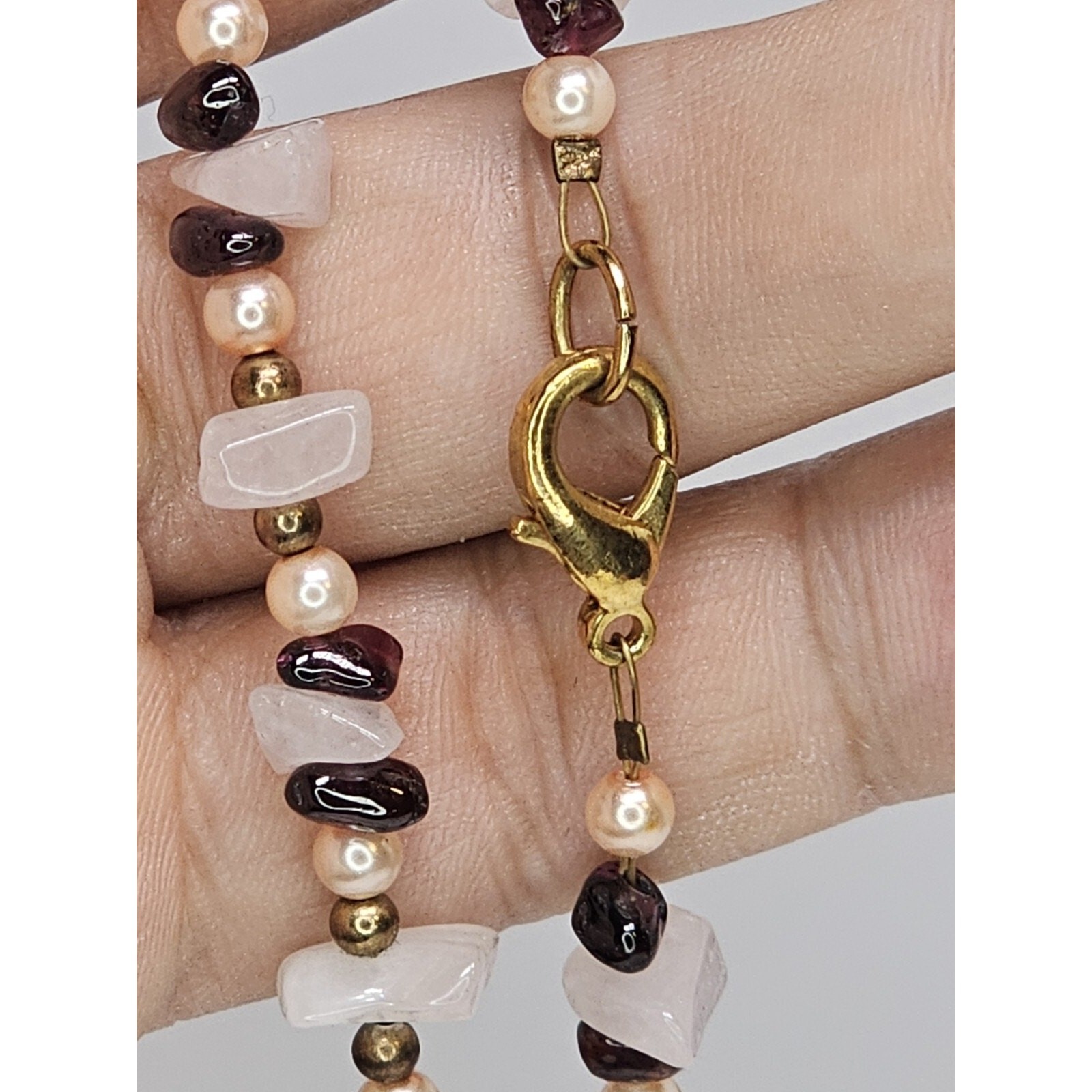 Multi-Gem Necklace [Bronze, Quartz, Garnet & Faux Pink Pearls] Size 20.5″
