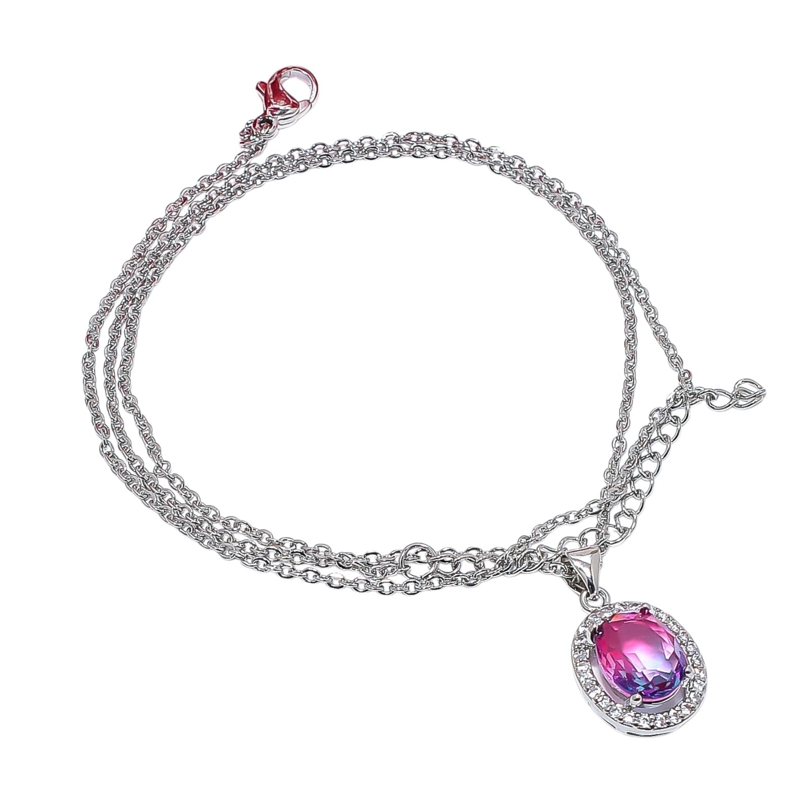 Pink & Purple Bi-Colour Tourmaline & Cz 925 Silver Pendant Chain 18-20″ CP6030