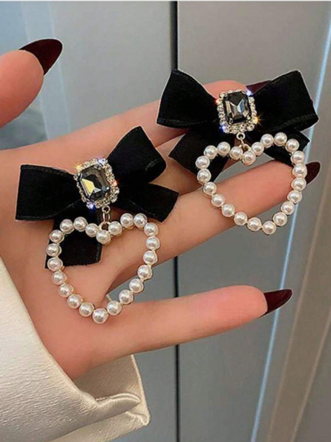 Pearl Heart Bow Earrings for Women Sweet Cute Mesh Stud Fashion Jewelry