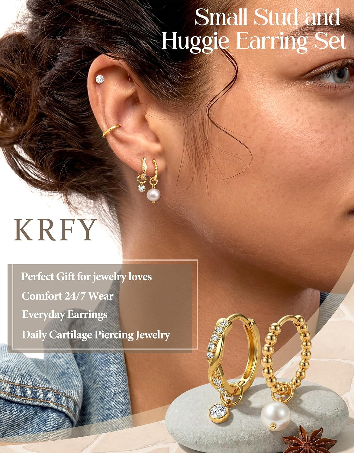 Gold Hoop Earrings for Women 14K Plated Stud Earring Set Dainty Small Hoops Jewe