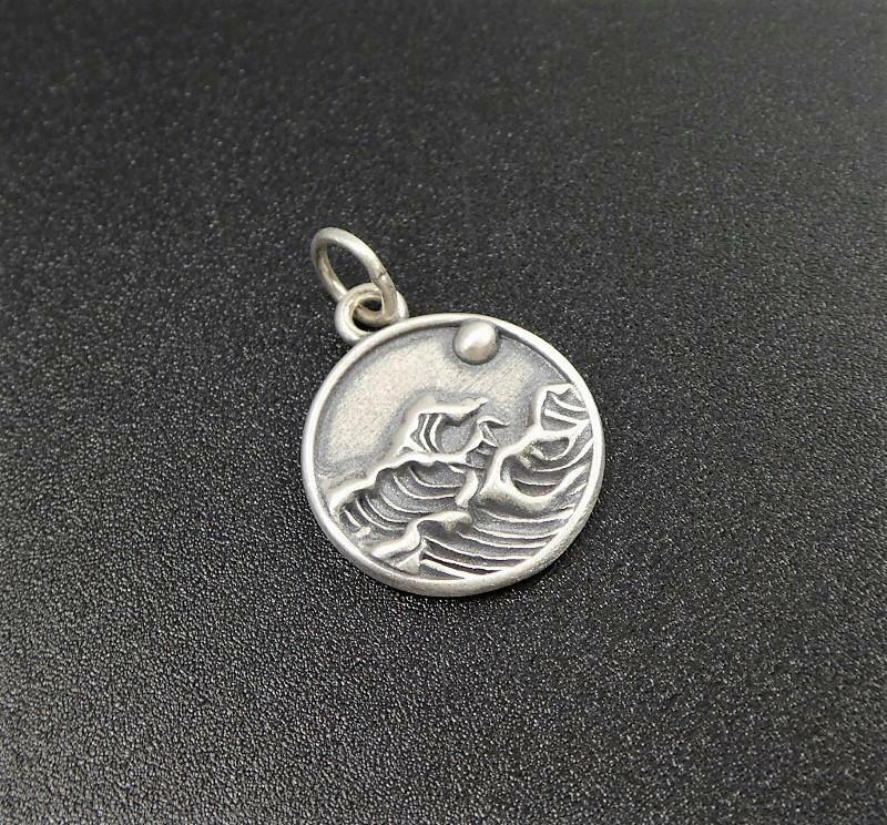 Handmade Sterling Silver Ocean Wave and Sun Small Round Charm Pendant Unique