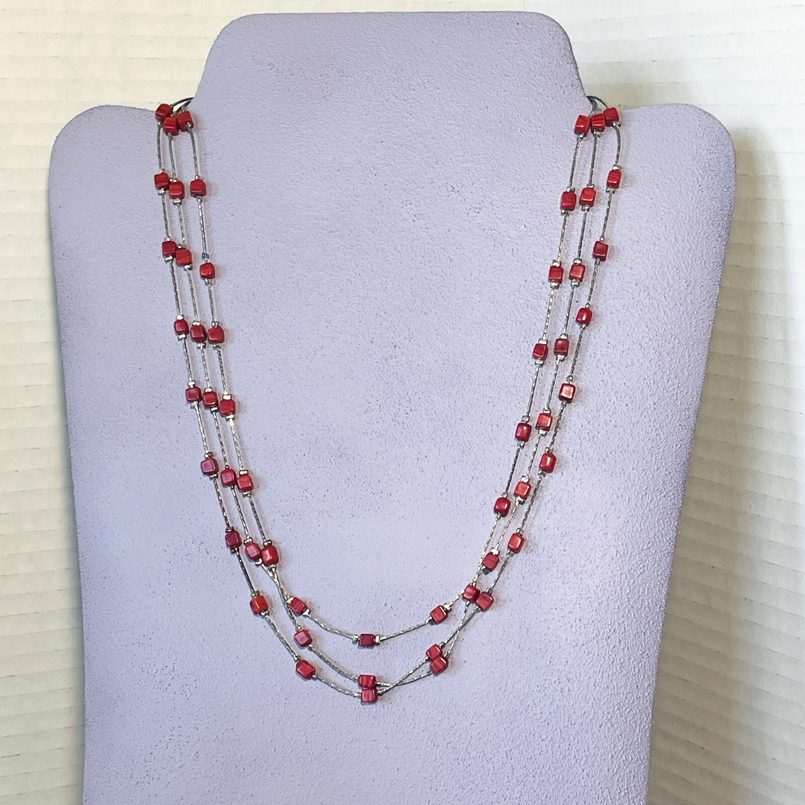 ZAD Beaded Multi Strand Red Stone Silver Tone 16″ Necklace 2.5″ Extension