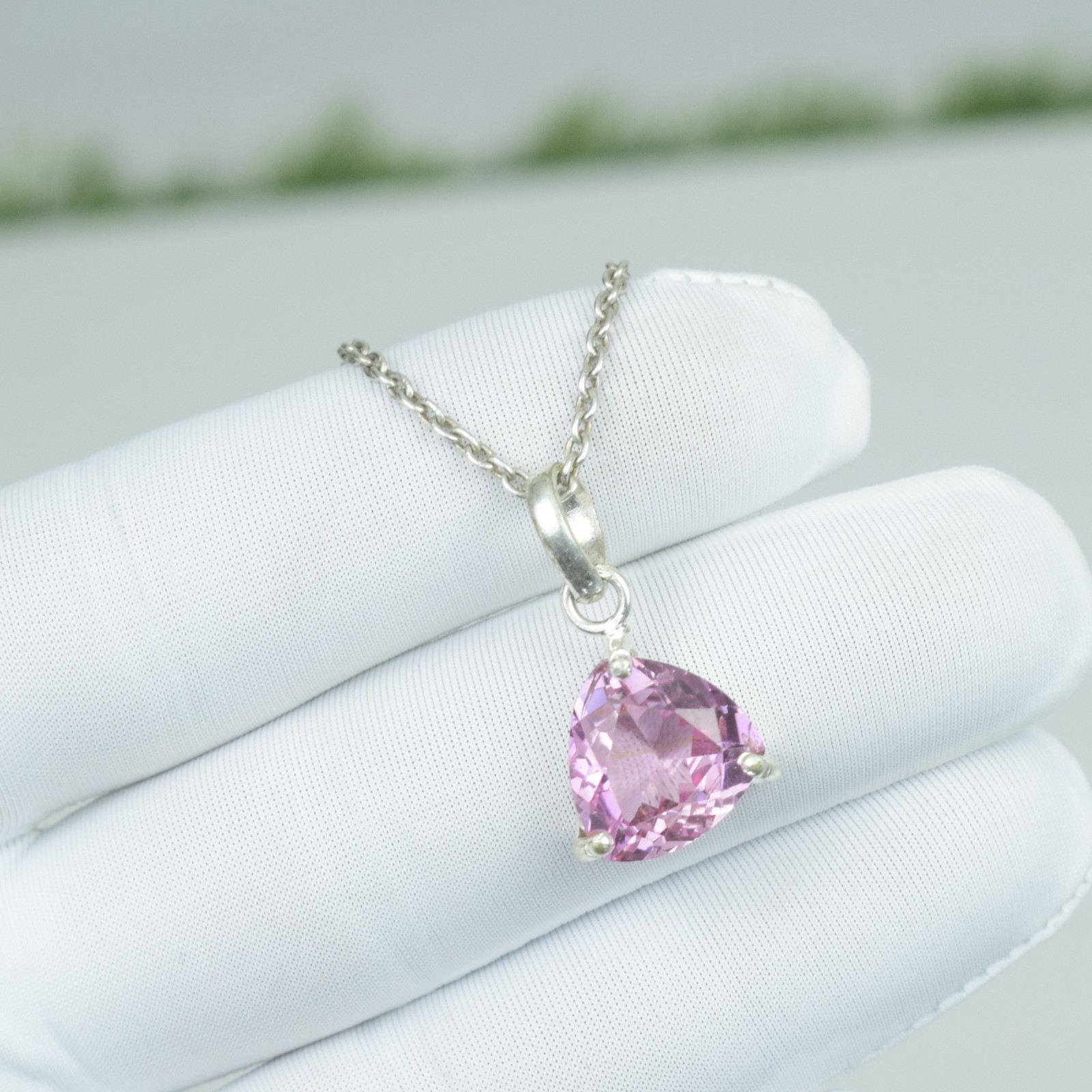 925 Solid Sterling Silver Pink Kunzite Necklace Jewelry, 16Ct Triangle Pendant,