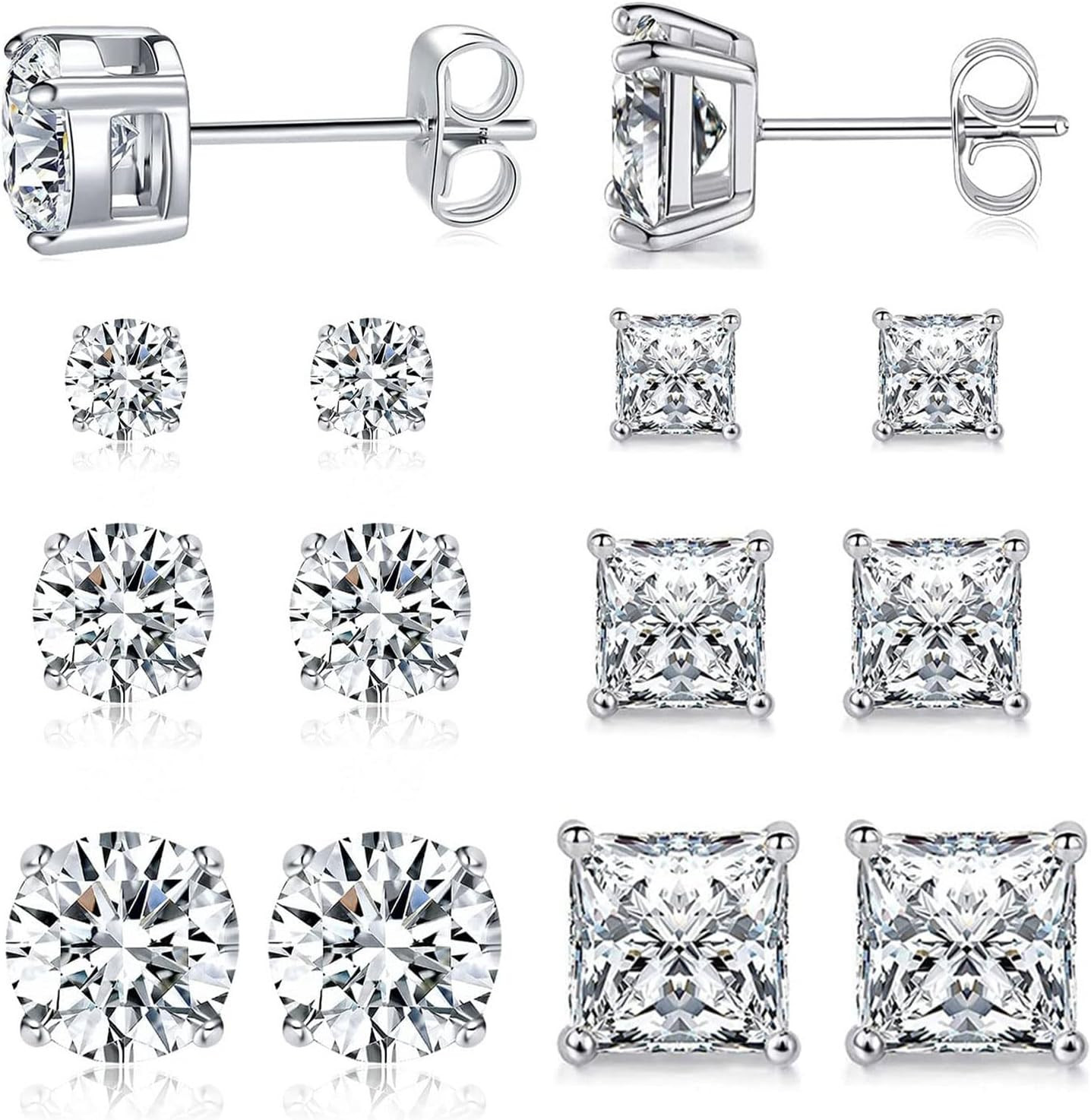 6 Pairs Stud Earrings Set 3Mm/5Mm/7Mm Princess & round Cubic Zirconia Earrings H
