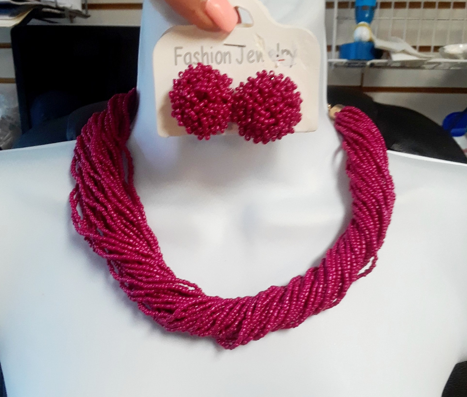 Fuchsia Pink Bead Beaded Strand String Collar Necklace Statement Set Twisted