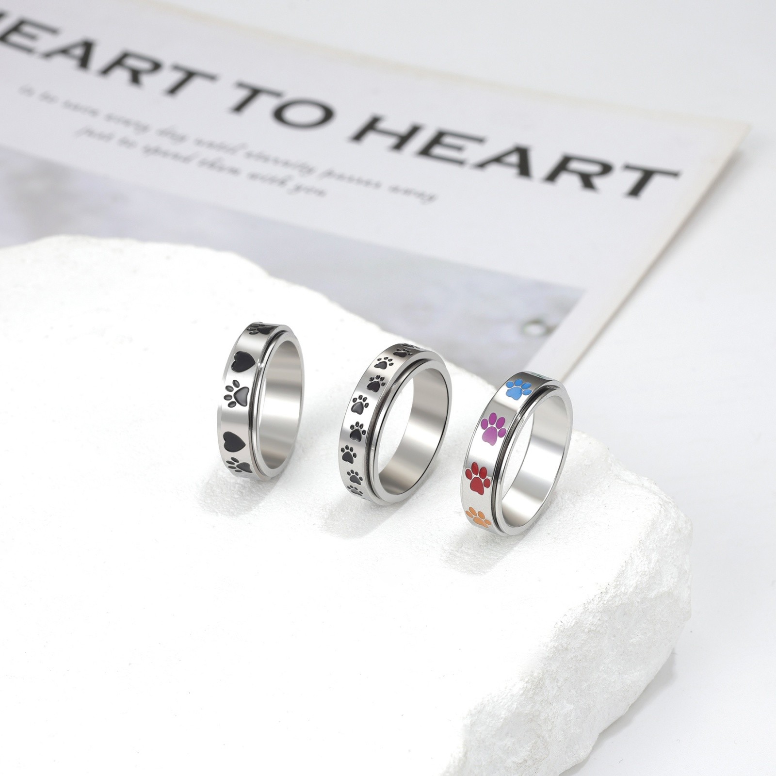 Womens Pet Paw Print Stainless Steel Anxiety Spinning Ring Pet Lover Gift Ideal