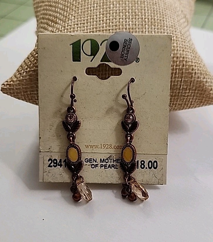 Vintage 1928 Yellow Mother of Pearl Hook Earrings with Rhinestone Accents NOC