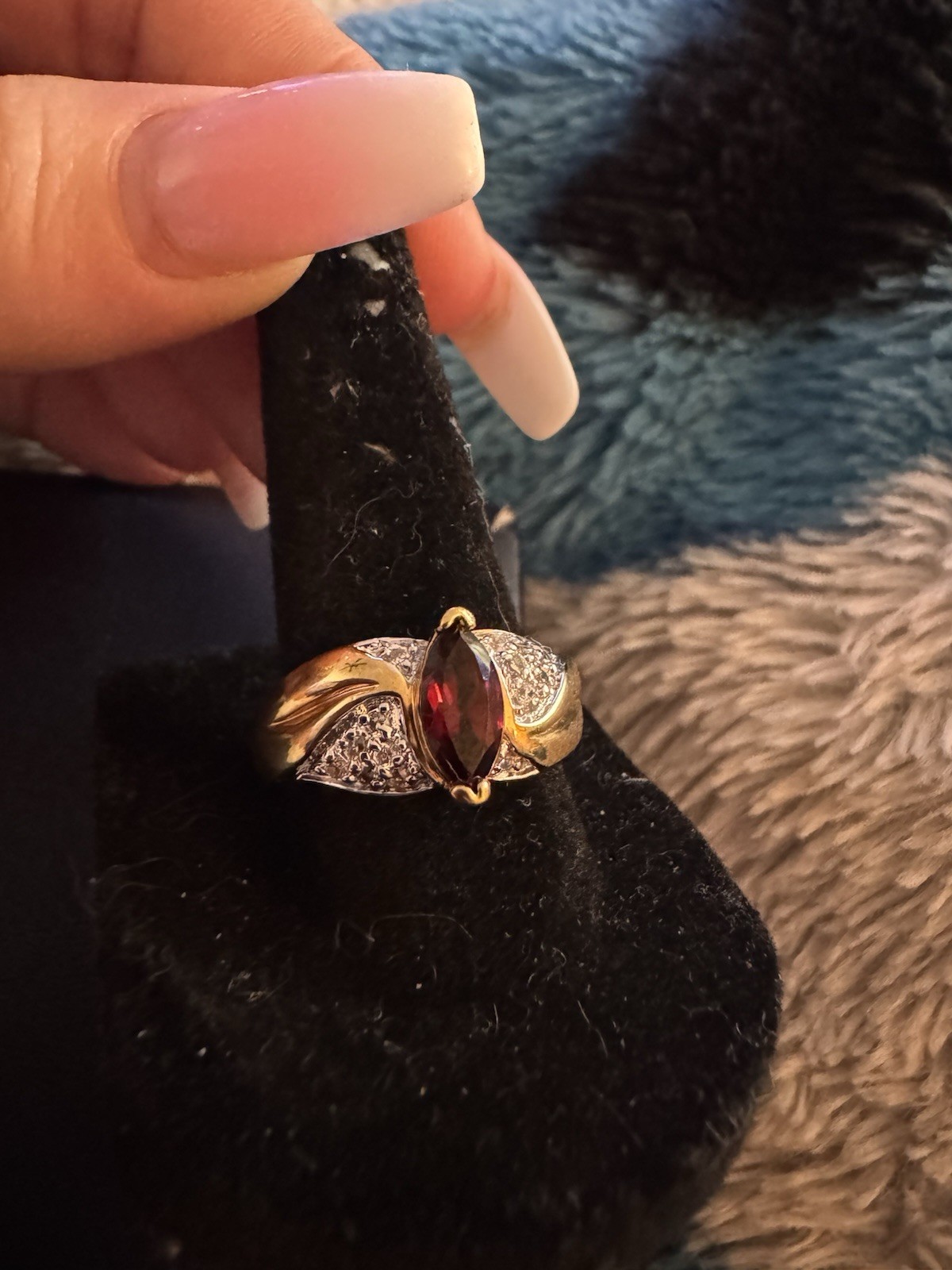 Vintage Style Gold Tone Ring Red Stone Marquise CZ Accent TechniBond Style SZ 8
