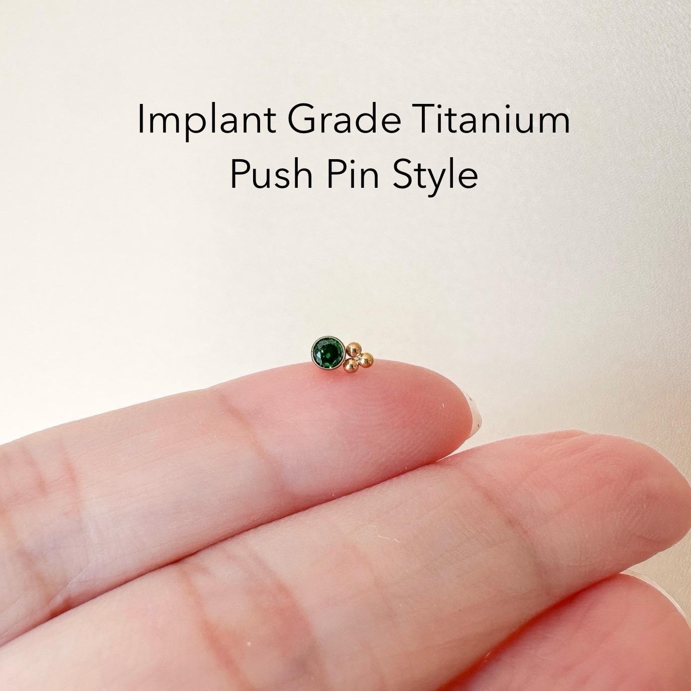 16g 18g Push Pin Titanium Emerald clover CZ Labret, Helix, Conch, Waterproof