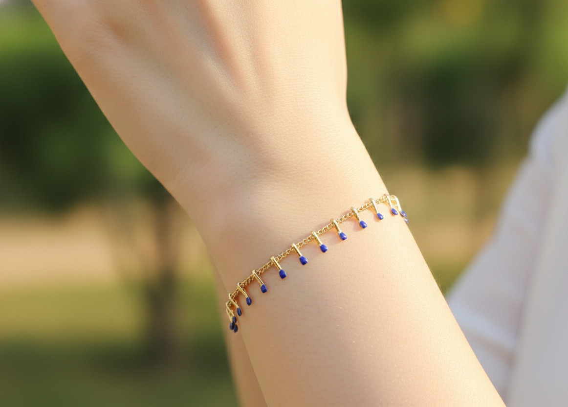 18K Gold Plated Brass Chain Bracelet Sapphire Blue Dangle Charms Boho Jewel