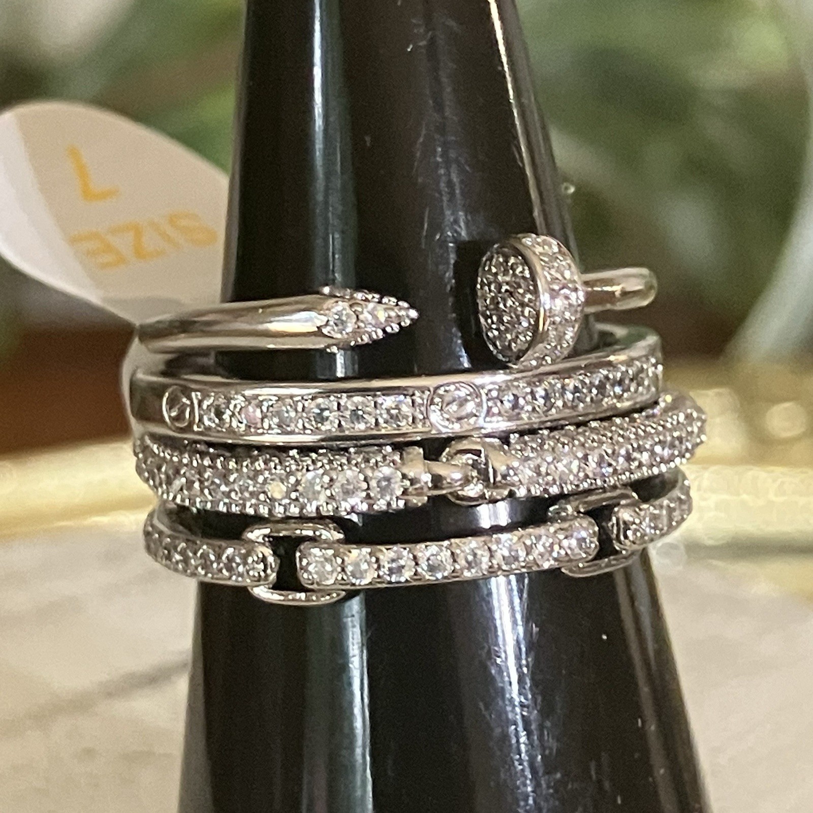 Bomb Party Heard The Doubt Kept Going DELICATES Nail Ring Stack CZ Rhodium Sz 7