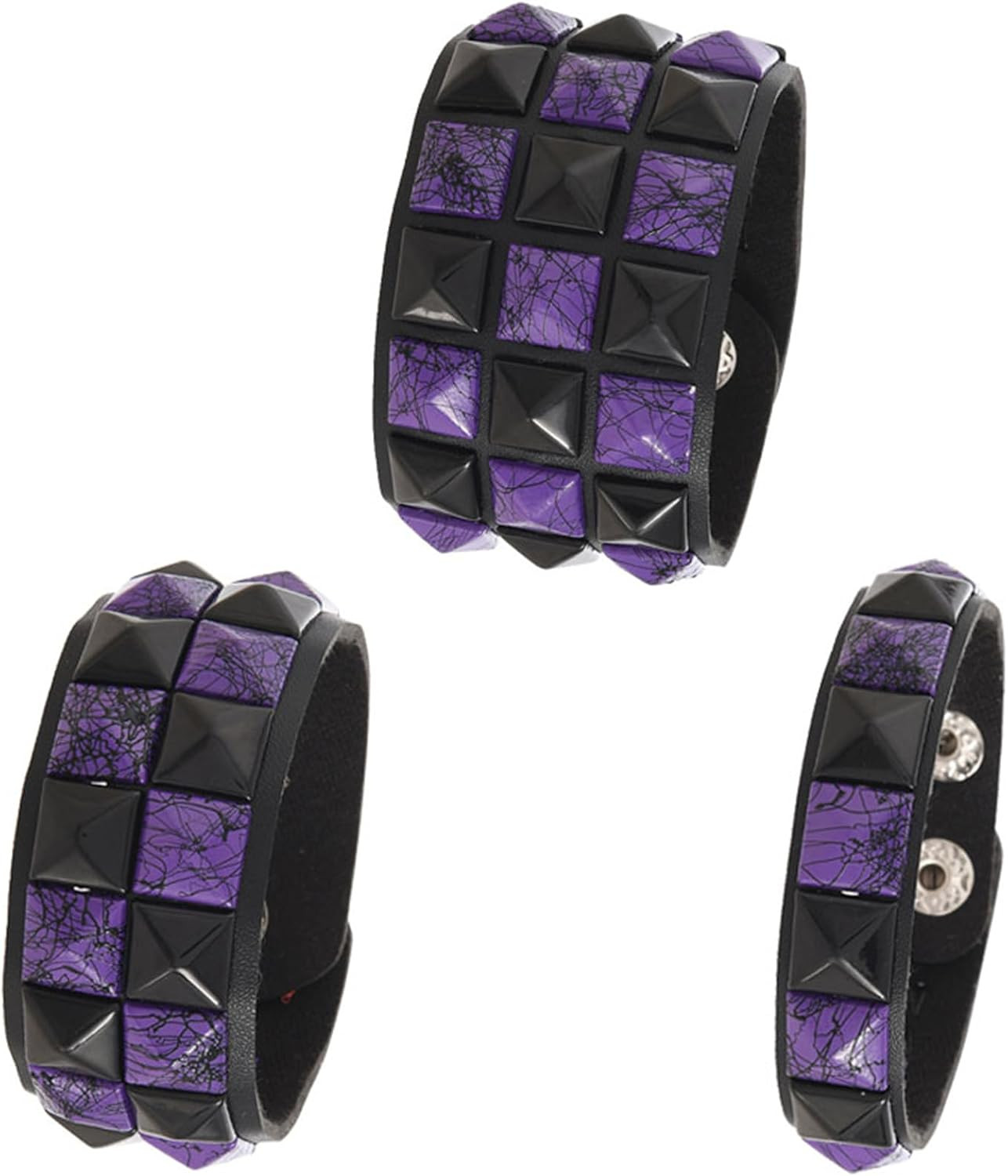 Gothic Punk Checkered Bracelet Set PU Leather Wristbands 3 Pack Balck & Purple