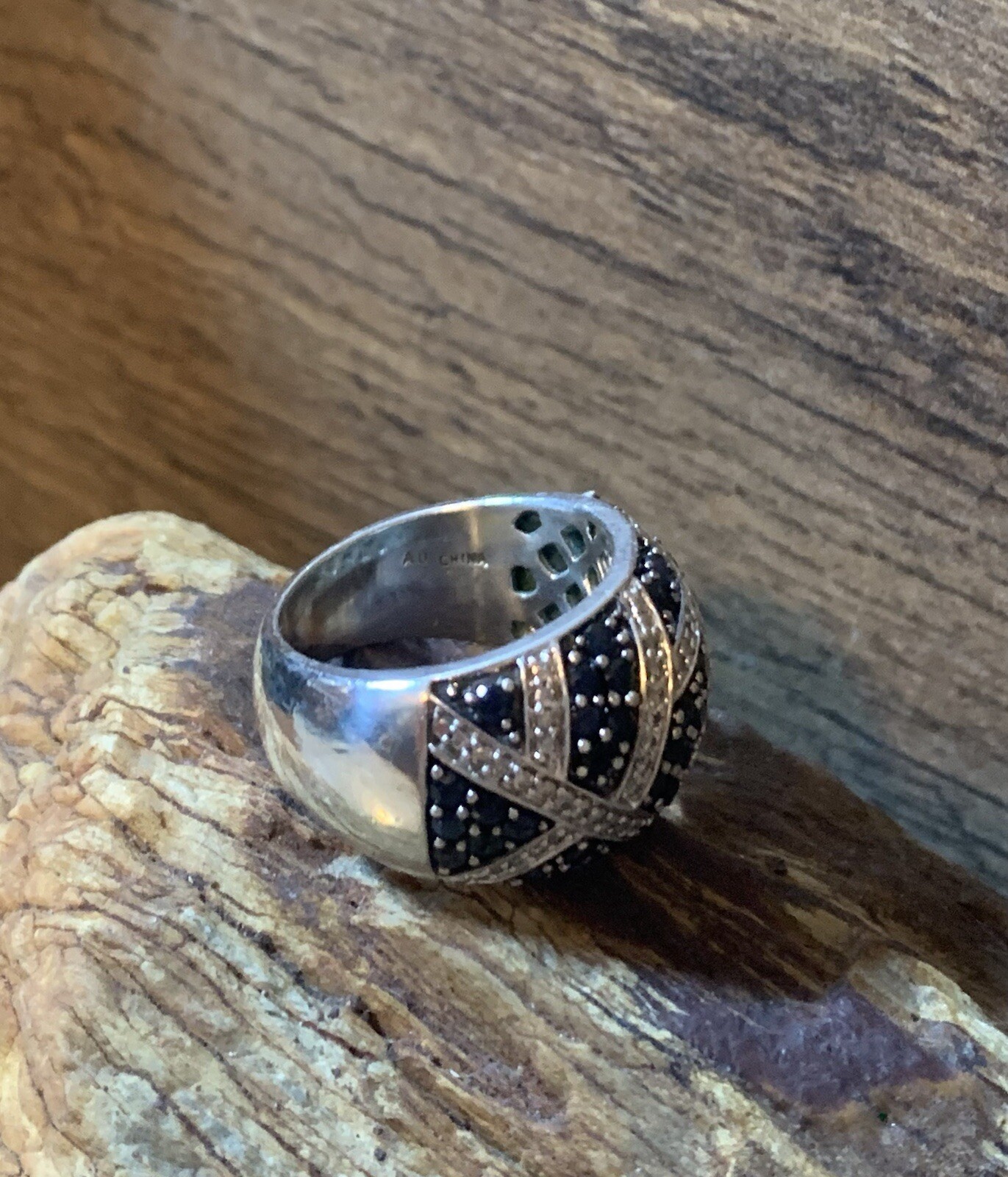 Sterling Silver Diamond & Sapphire Domed Wide Band Ring , Sz 7, 11.3 g.