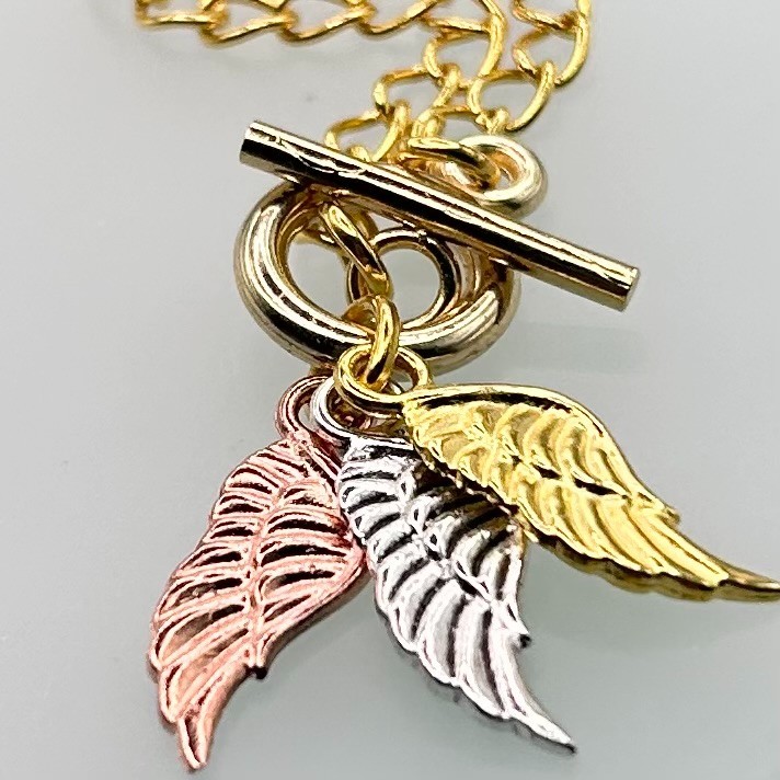 Mini Angel Wing Triple Pendant T-Bar Bracelet (Gold Chain) New Handmade