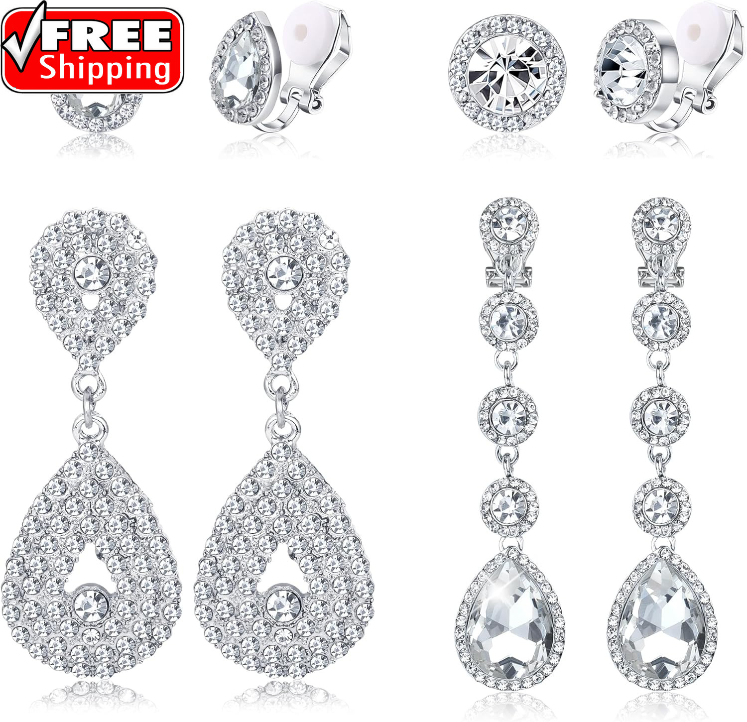 4 Pairs Silver Clip on Earrings for Women Elegant Rhinestone Clip on Earrings Da