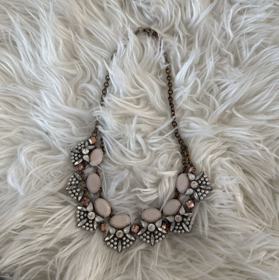 Gold Tone Pink Crystal Statement Necklace, Round Clear Stones, Cable Chain