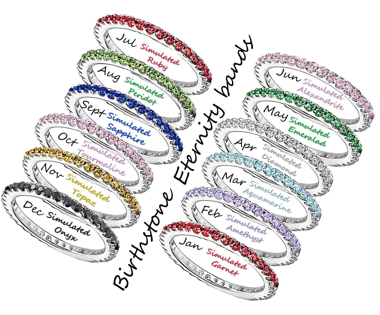 Sterling Silver Birthstone Ring Womens Thin Eternity Band CZ Birth Stone [NEW]