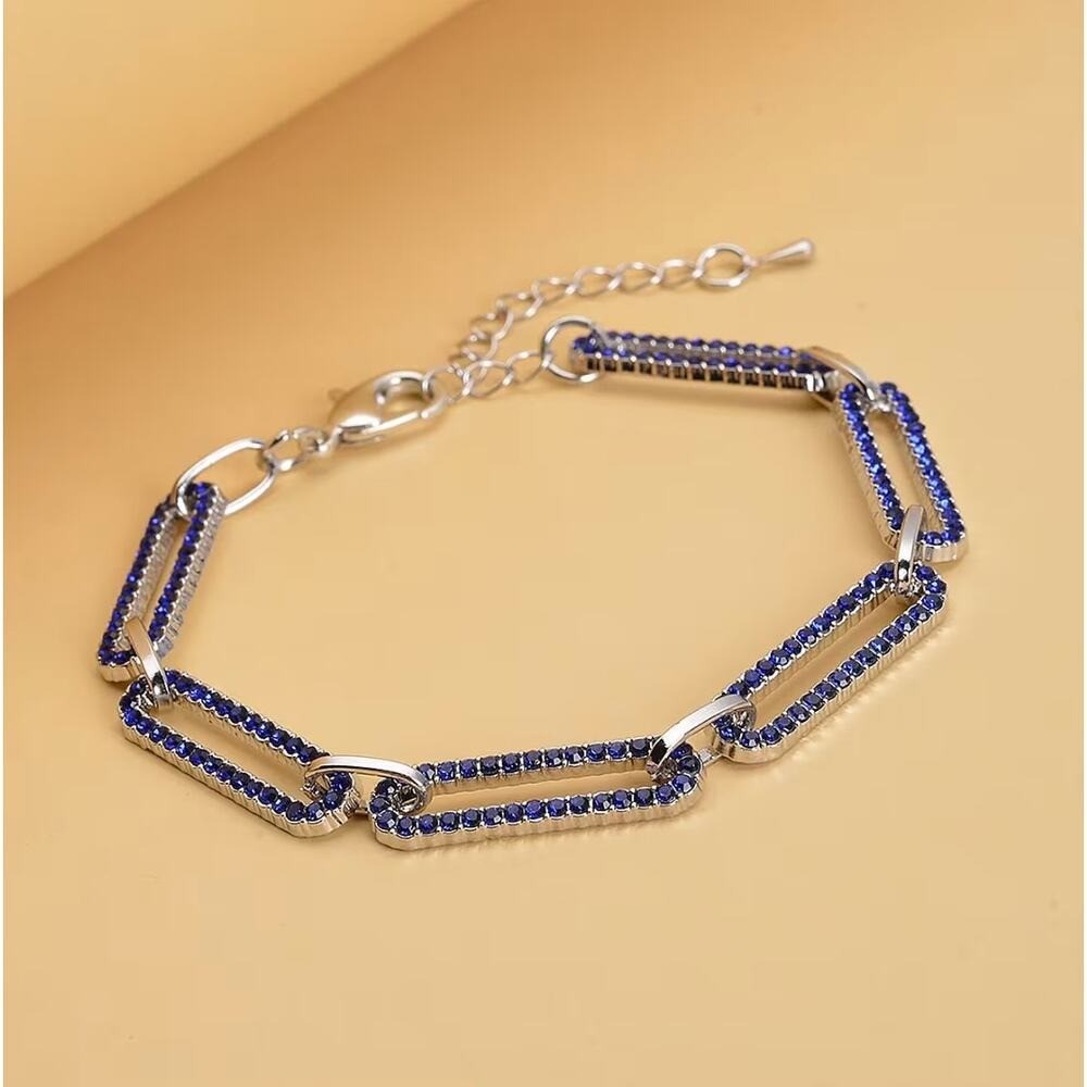 Blue Austrian Crystal Paperclip Chain Bracelet Silver Tone Adjustable 7.5-9.5″