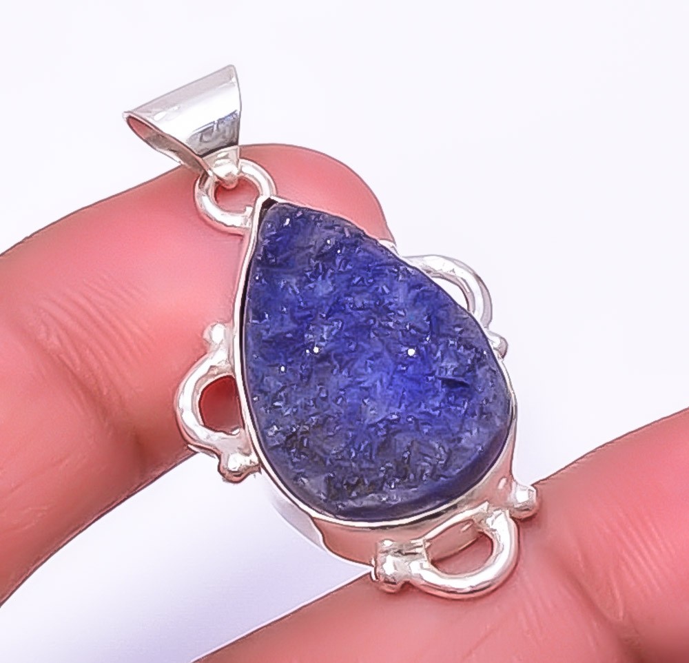 Natural Blue Quartz Drusy Gemstone 925 Silver Plated Pendant 1.56″ F2570