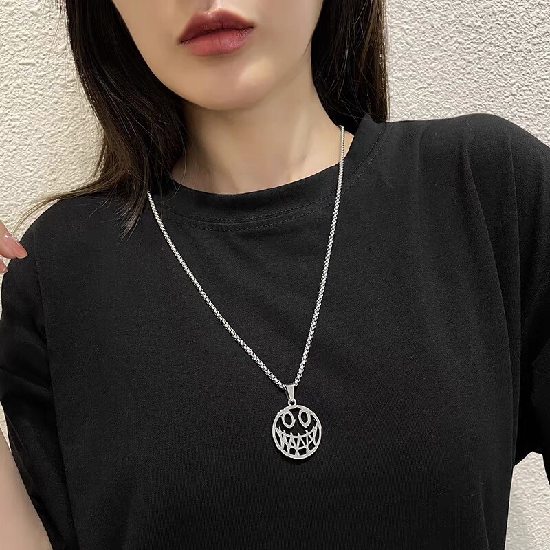 Mens Womens Silver Evil Smile Face Pendant Necklace Punk Gothic Jewelry 24″