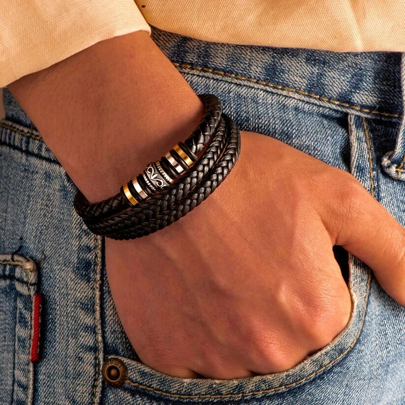 Men’s Multilayer Braided Leather Stainless Steel Magnetic Bracelet Bangle Cuff