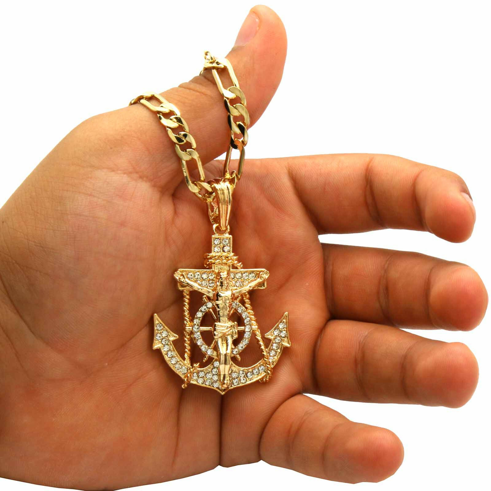 Hip Hop 14K Gold Plated Jesus Anchor Pendant Cubic-Zirconia 30″ Figaro Chain