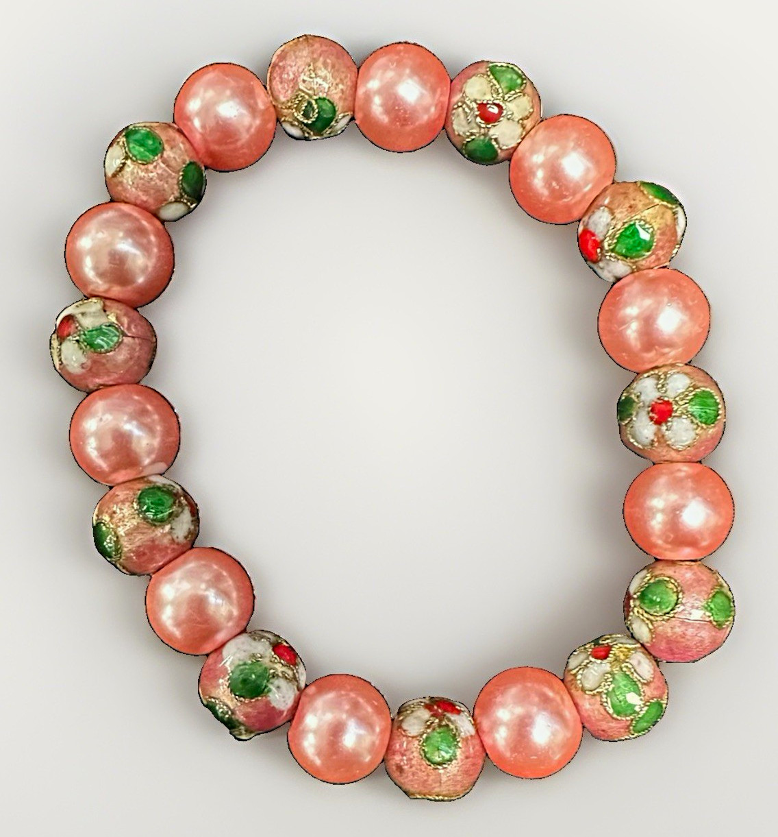 Pink Glass Beaded Stretch Bracelet-Round Beads Floral Design Green Red Gold