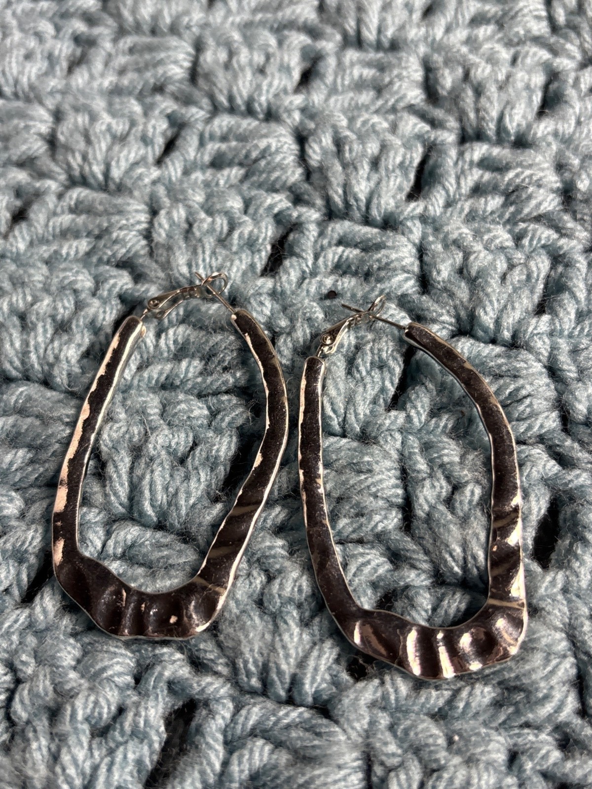 Silvertone Textured Oval Hoop Earrings 2.25 inches