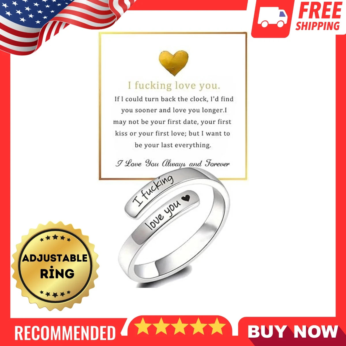 I F♡Cking Love You Ring for Women, Hope Rings Adjustable Stainless Steel Silver