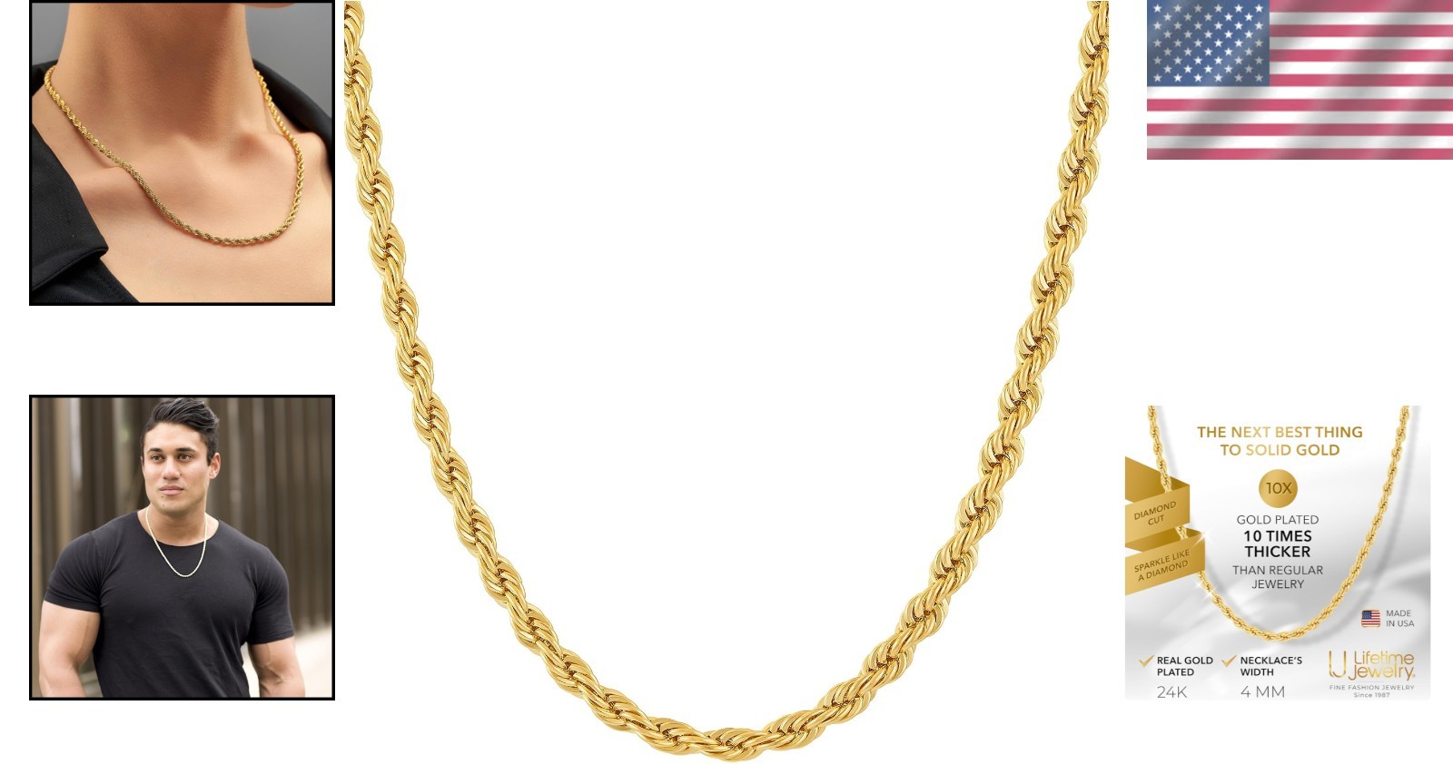 Versatile 24K Gold Plated Diamond Cut Rope Chain for Men & Women – 4mm, 16-30