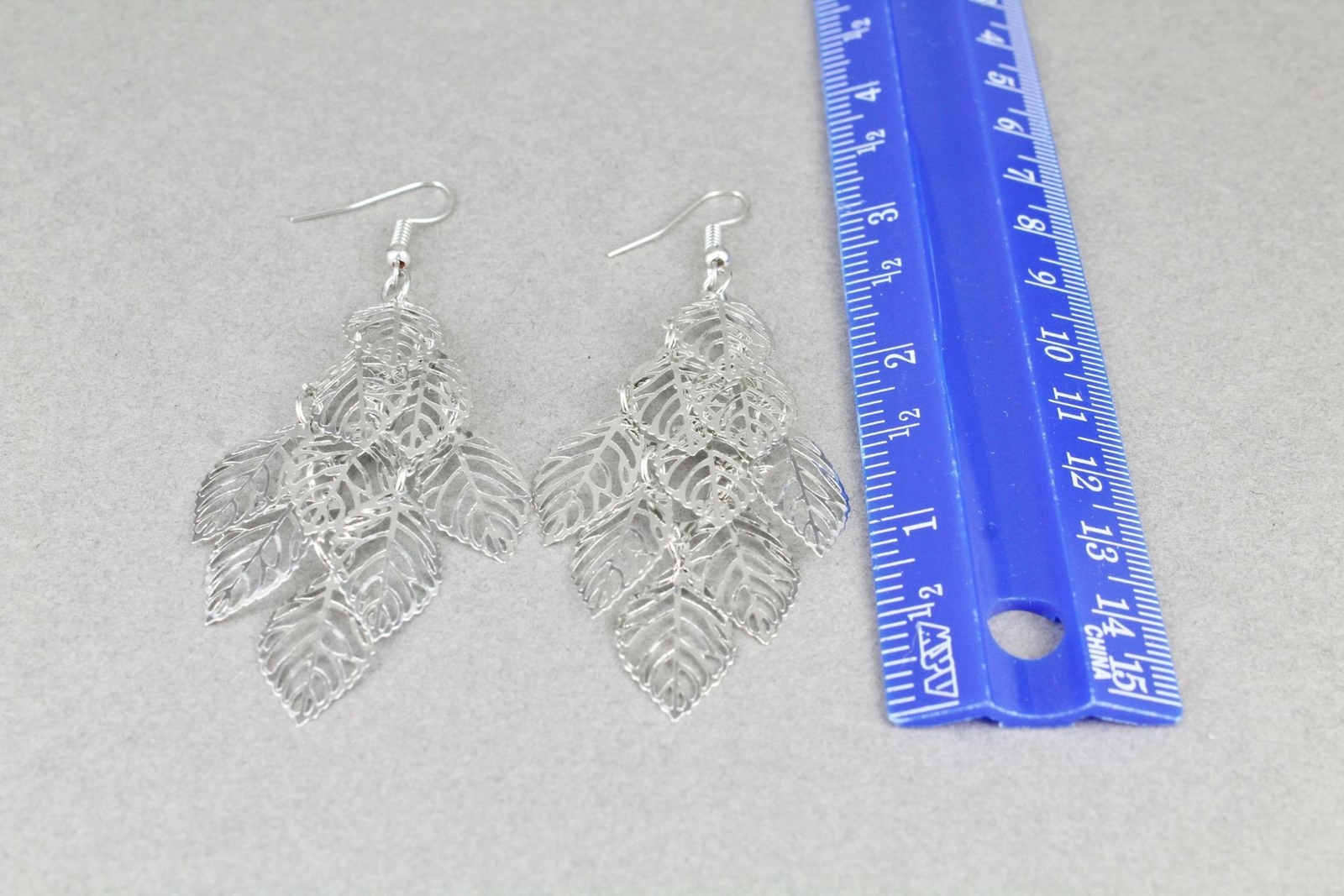 Silver chandelier earrings filigree leaf dangle pendant wiggly leaves 3.25″ long