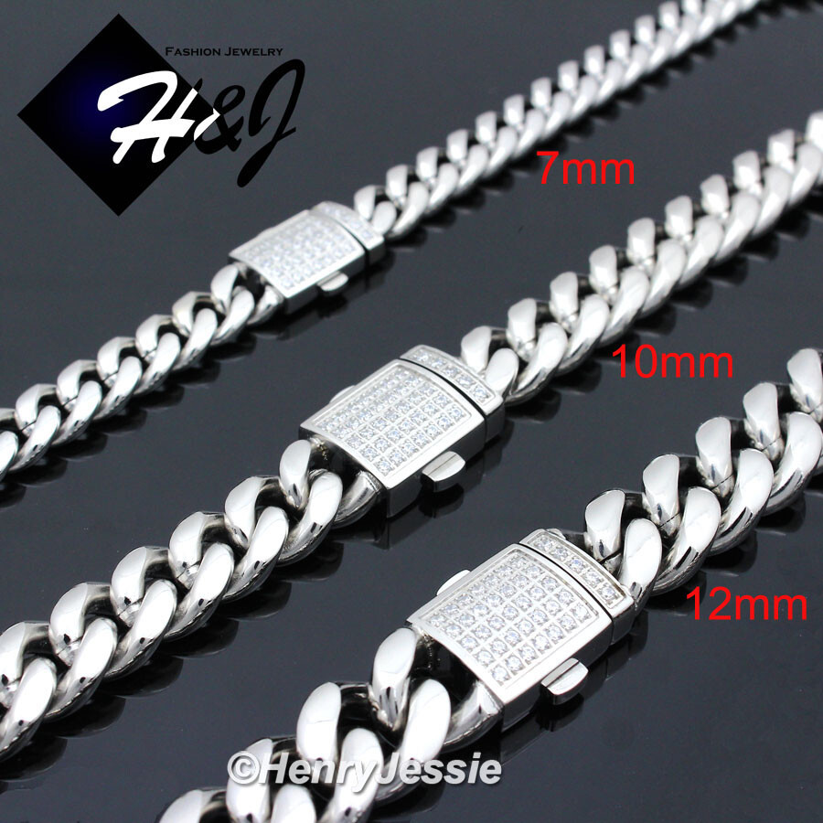 18″-40″Stainless Steel 7/10/12mm Silver BLING CZ Miami Cuban Curb Necklace*N165
