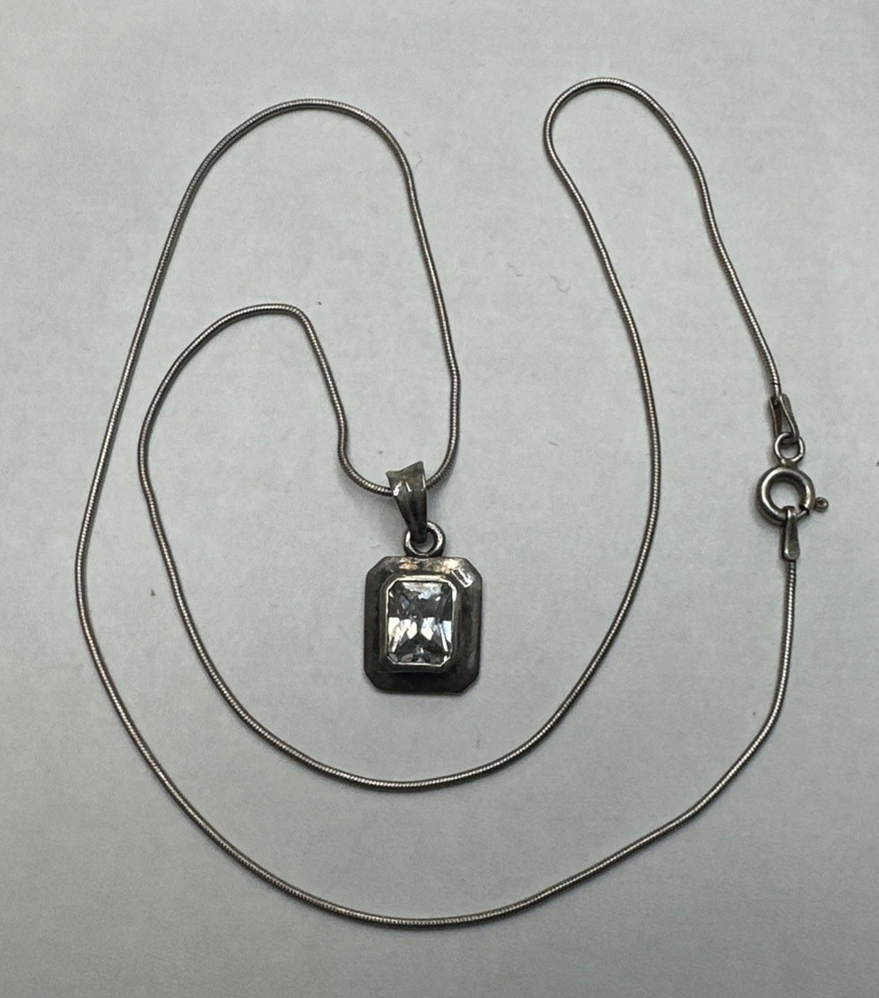 Vintage 925 Sterling Silver Crystal Pendant Necklace
