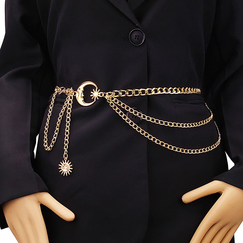 Women Waist Chain Belt for Dress Skirt Belts with Moon Star Waistbands Chain