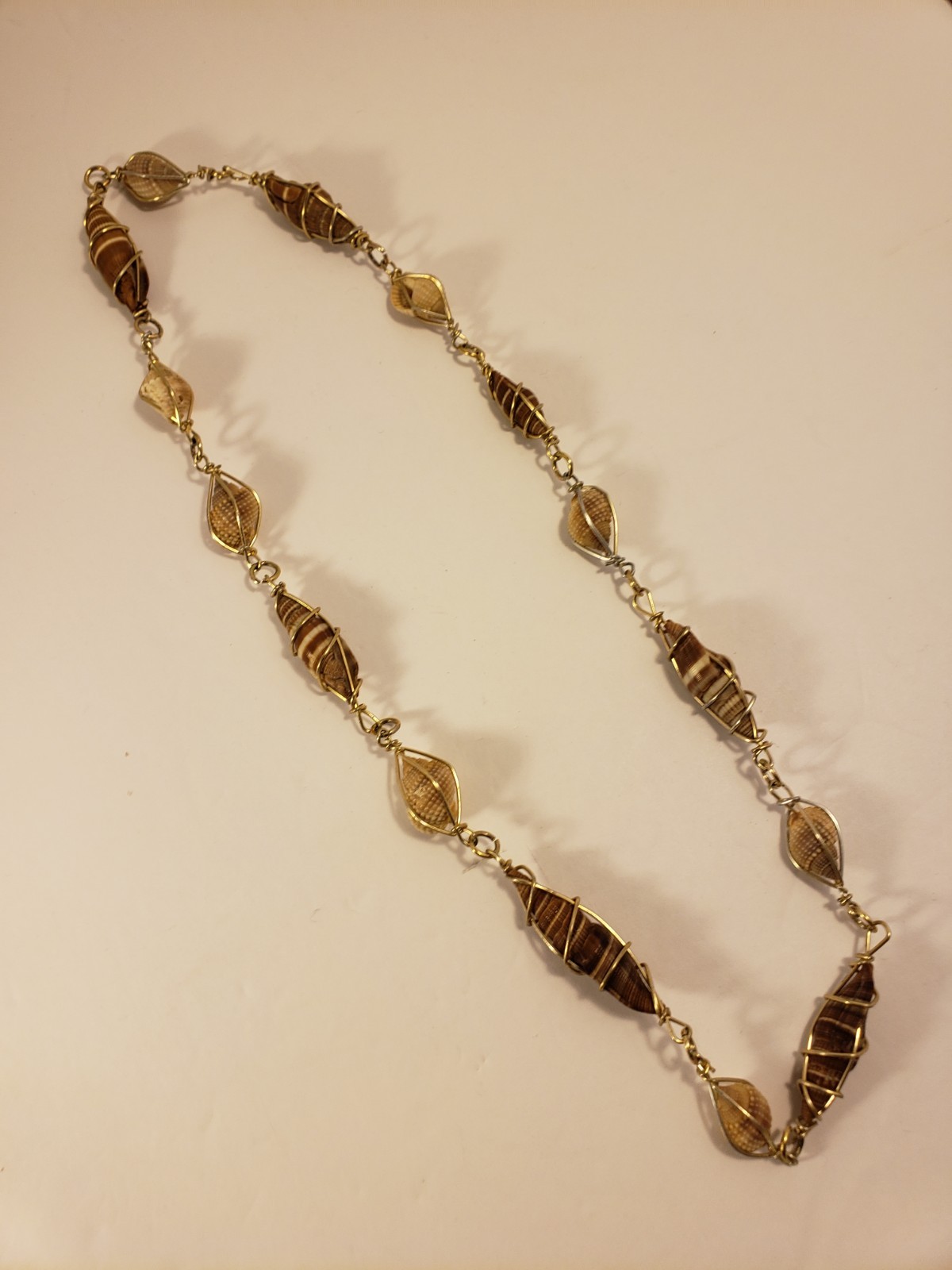 Genuine Seashells Wrapped w/Silver Tone Wire 26″ Necklace 2 Shell Types Beach