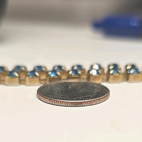 Blue Rhinestone Bracelet Gold Tone Fold Over Clasp Size 6 1/2″