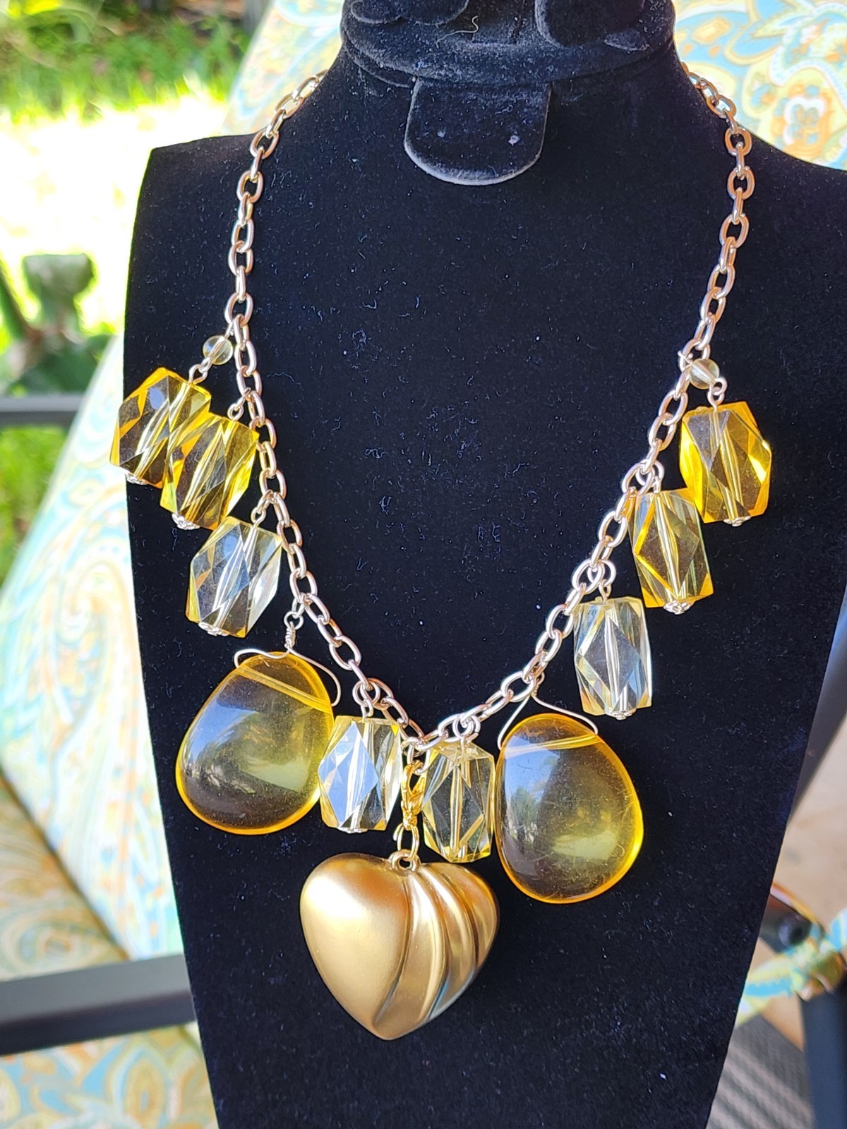 Gold Heart Pendant Statement Necklace Designed With Yellow Vintage French Lucite