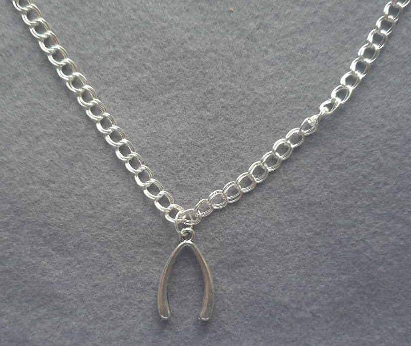 Silver Plated 18″ Double Link Curb Chain ~ Wishbone Charm ~ Gift Wrapped