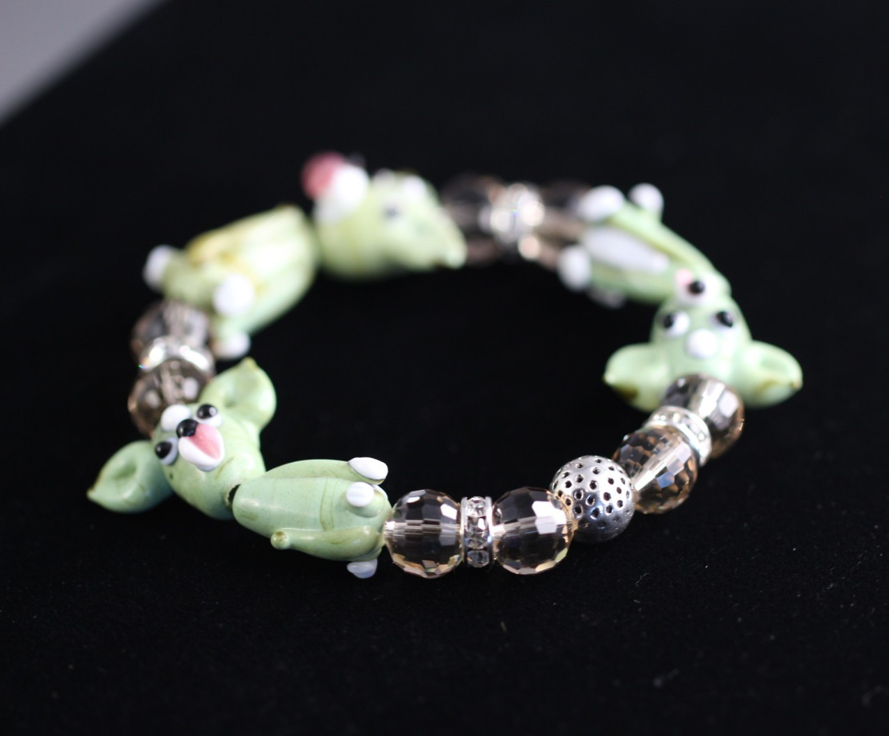 Dog Bracelet Green Lampwork 6.5″ inch Elastic Glass Beads Brown Crystal Ball
